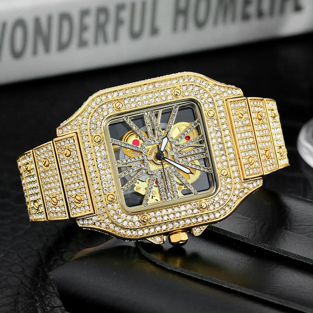 Watch Square Men's Watch Hollowed Out Full Of Diamonds British Watch