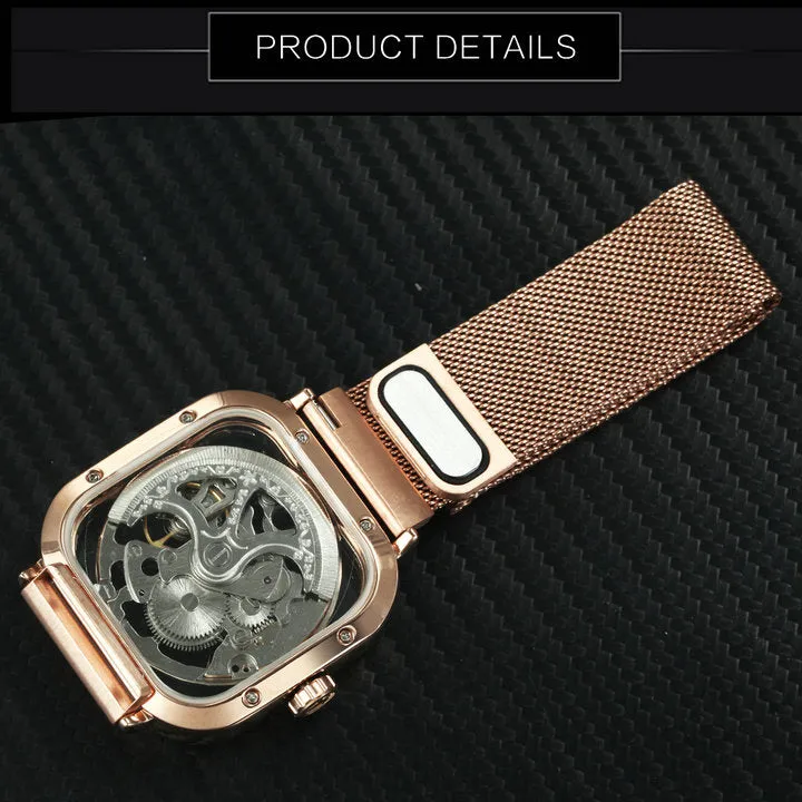 WINNER Automatic Watch Men Skeleton Mechanical Carved Square Dial Magnet Mesh Strap