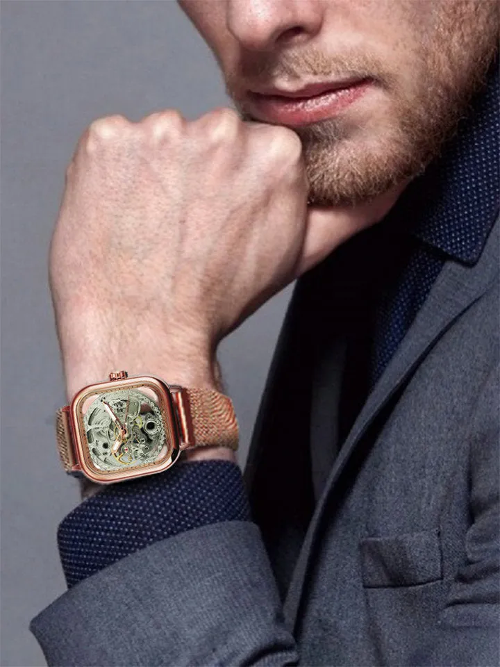 WINNER Automatic Watch Men Skeleton Mechanical Carved Square Dial Magnet Mesh Strap