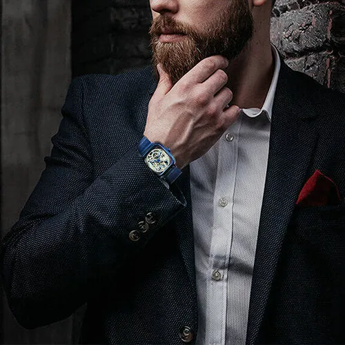 WINNER Automatic Watch Men Skeleton Mechanical Carved Square Dial Magnet Mesh Strap