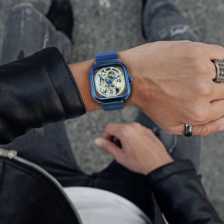 WINNER Automatic Watch Men Skeleton Mechanical Carved Square Dial Magnet Mesh Strap