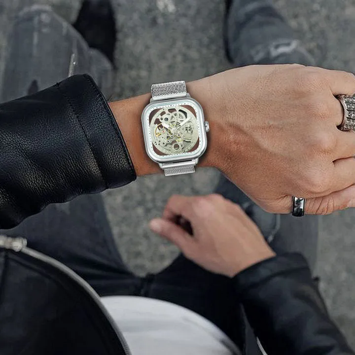 WINNER Automatic Watch Men Skeleton Mechanical Carved Square Dial Magnet Mesh Strap