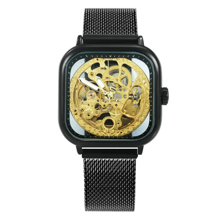 WINNER Automatic Watch Men Skeleton Mechanical Carved Square Dial Magnet Mesh Strap