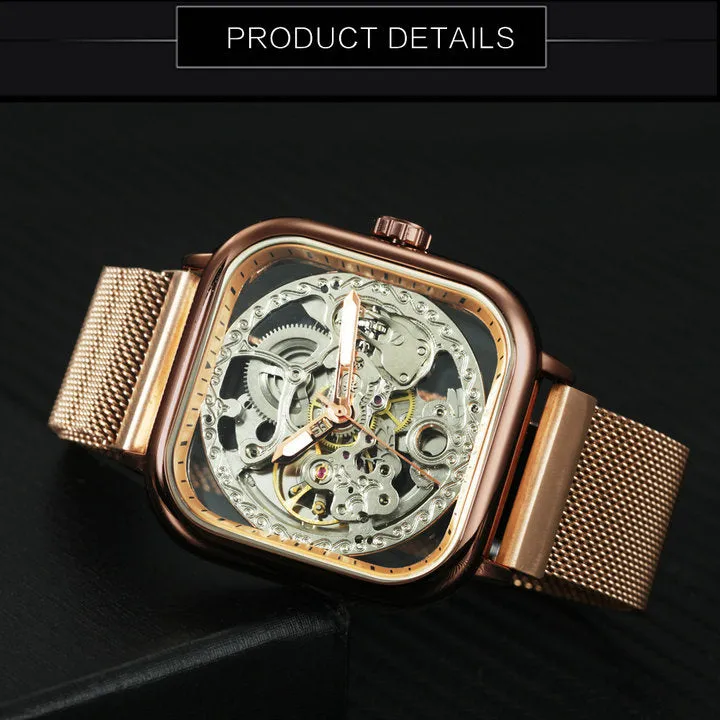 WINNER Automatic Watch Men Skeleton Mechanical Carved Square Dial Magnet Mesh Strap