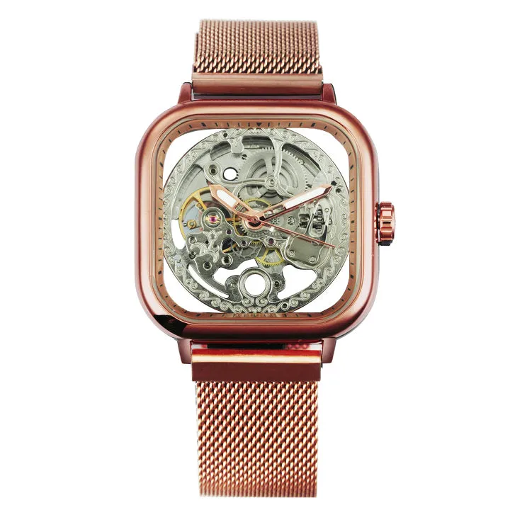 WINNER Automatic Watch Men Skeleton Mechanical Carved Square Dial Magnet Mesh Strap