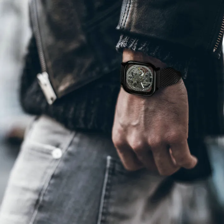 WINNER Automatic Watch Men Skeleton Mechanical Carved Square Dial Magnet Mesh Strap