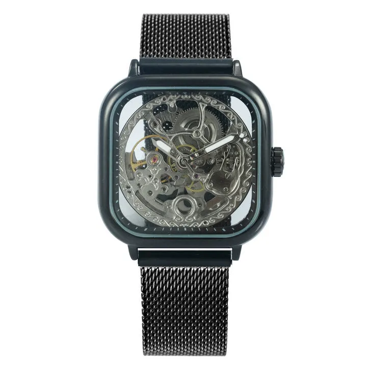 WINNER Automatic Watch Men Skeleton Mechanical Carved Square Dial Magnet Mesh Strap