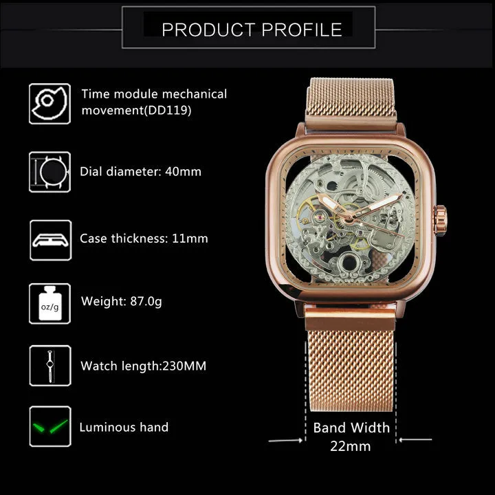 WINNER Automatic Watch Men Skeleton Mechanical Carved Square Dial Magnet Mesh Strap