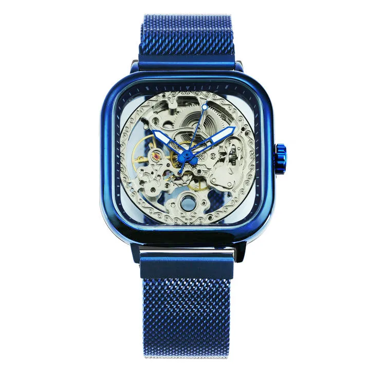 WINNER Automatic Watch Men Skeleton Mechanical Carved Square Dial Magnet Mesh Strap