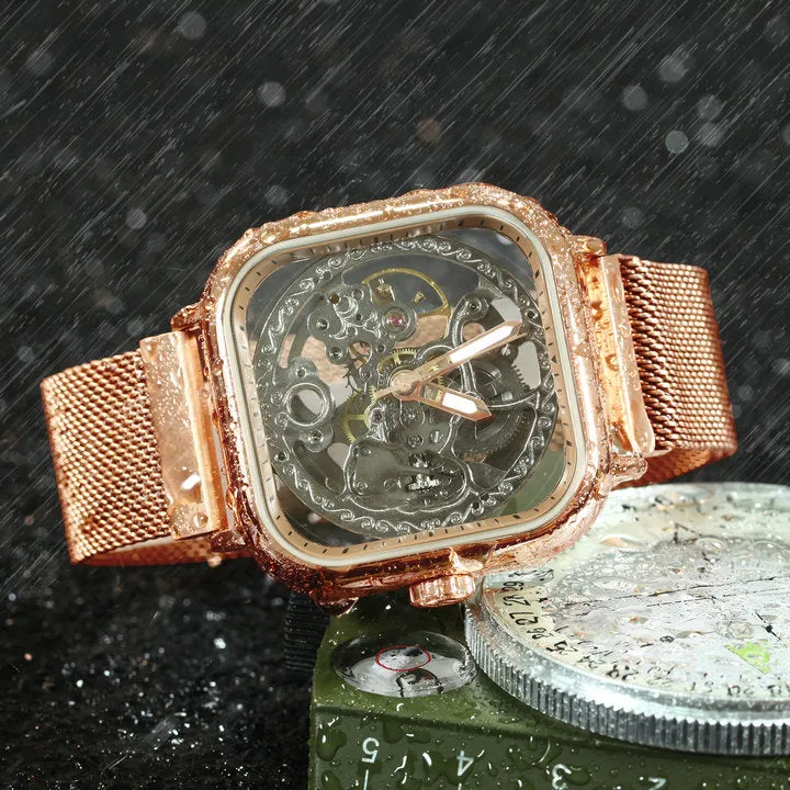 WINNER Automatic Watch Men Skeleton Mechanical Carved Square Dial Magnet Mesh Strap
