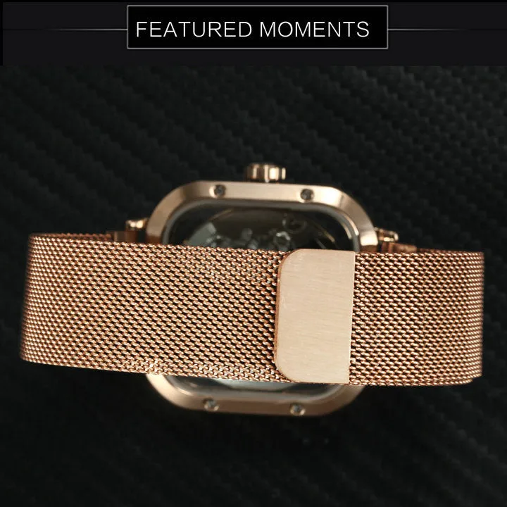 WINNER Automatic Watch Men Skeleton Mechanical Carved Square Dial Magnet Mesh Strap