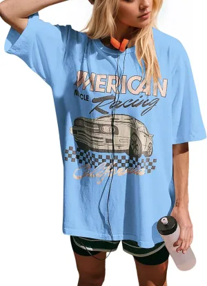 Women Oversized Racing Car Graphic Print T-Shirt Short Sleeve Drop Shoulder Vintage Graphics Tee Shirt Tops
